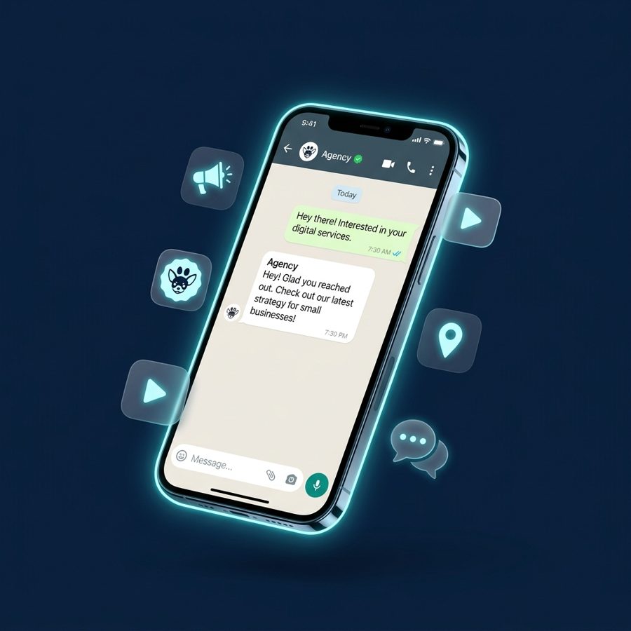 Mockup de teléfono con WhatsApp de negocio en fondo azul marino con acentos cyan