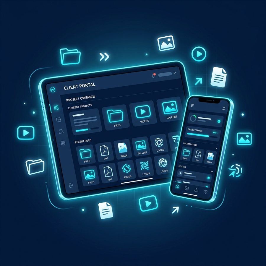 Tablet y teléfono mostrando un panel de clientes con archivos, videos y logos